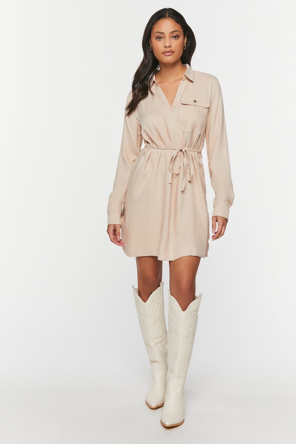 V-Neck Belted Shirt Dress-Feelings Star