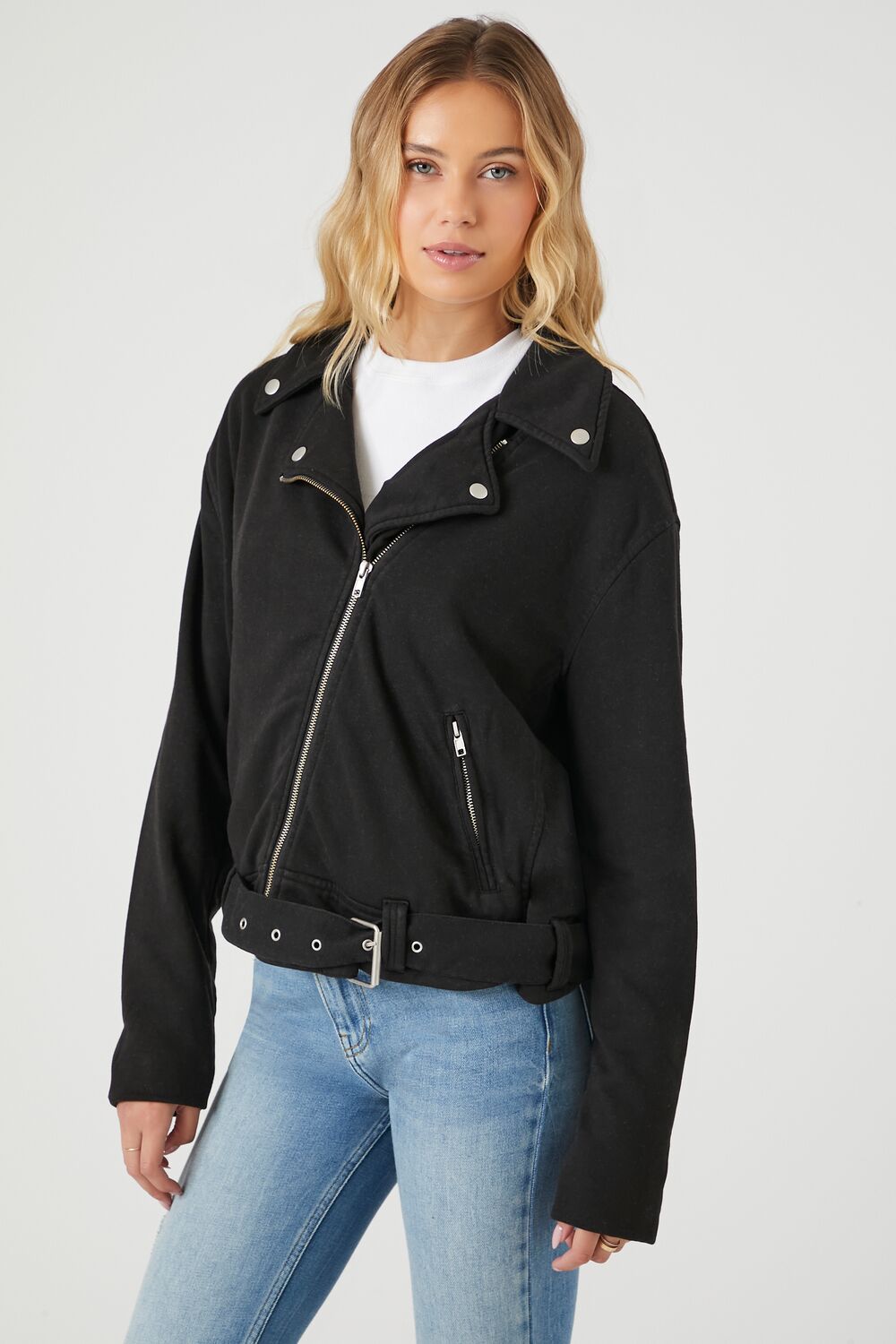 Asymmetrical French Terry Moto Jacket-Feelings Star