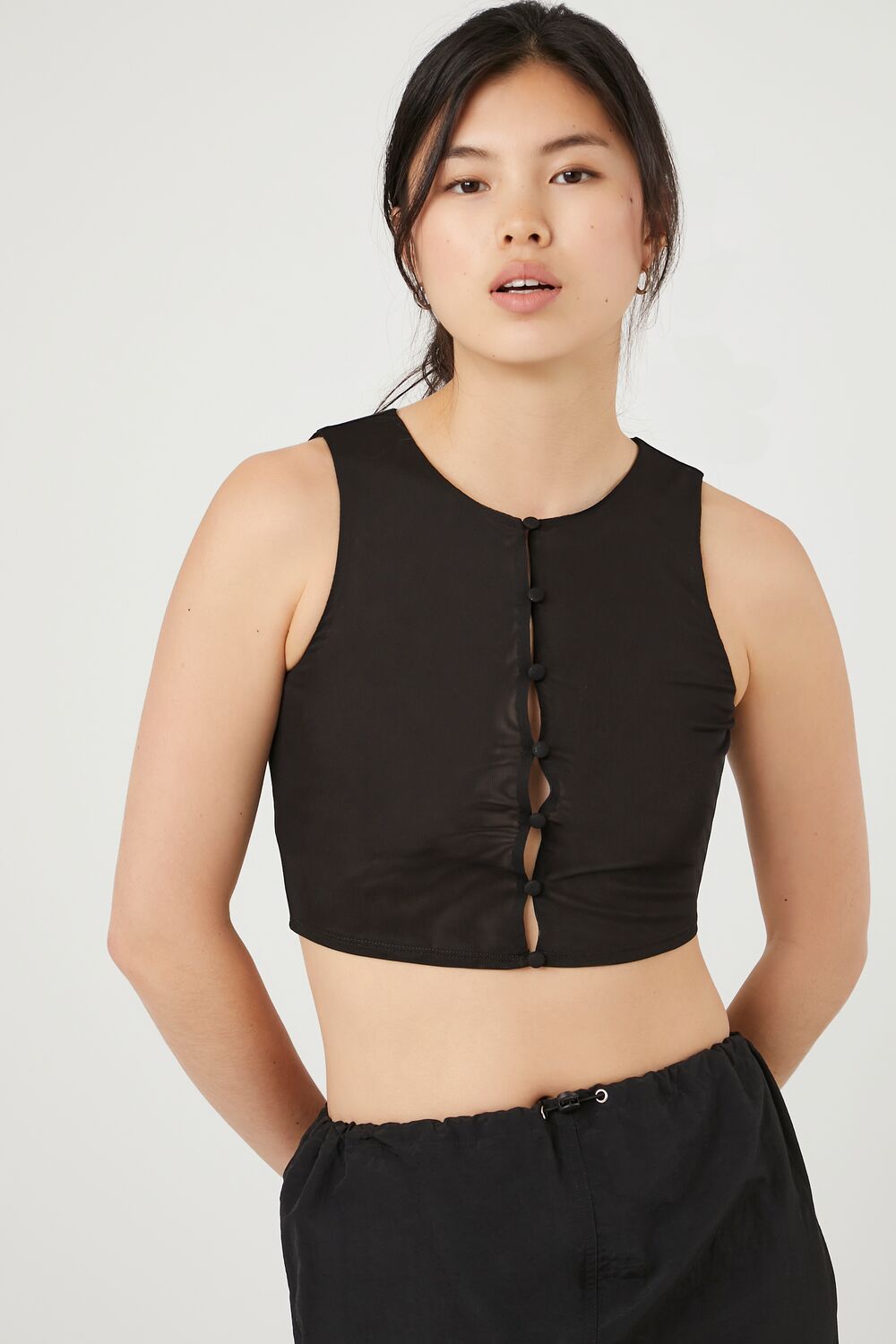 Button-Front Mesh Crop Top-Feelings Star