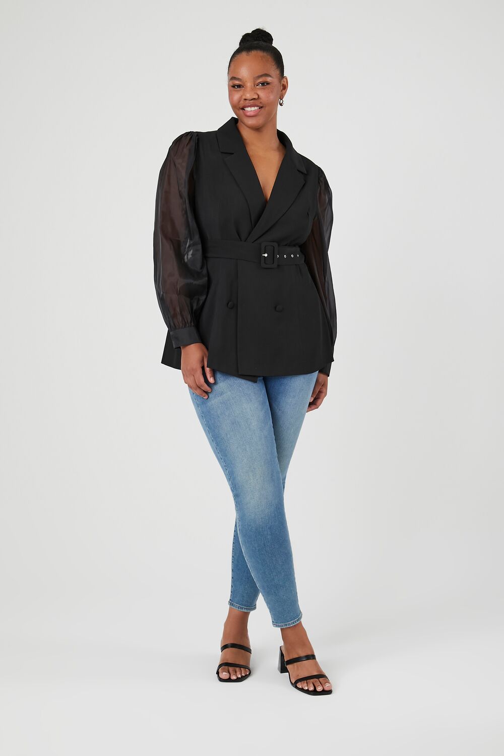 Plus Size Belted Sheer-Sleeve Blazer-Feelings Star
