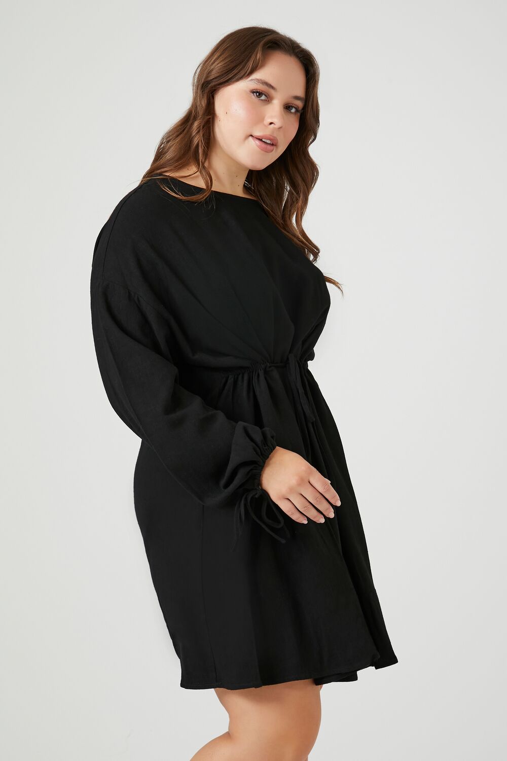 Plus Size Drawstring Peasant-Sleeve Mini Dress-Feelings Star