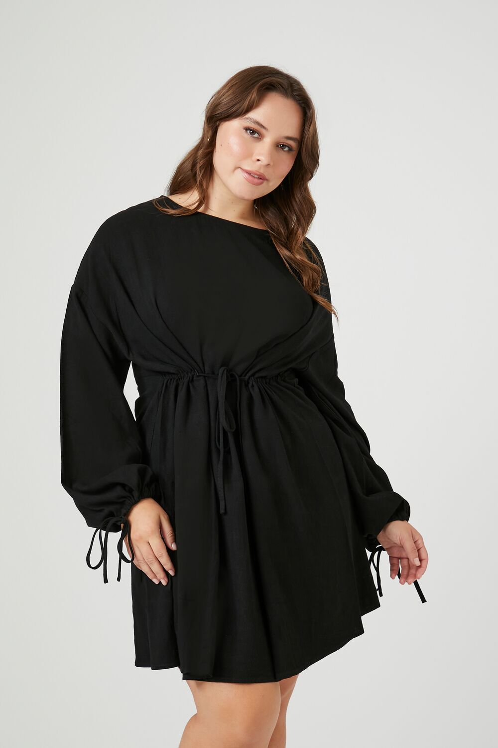 Plus Size Drawstring Peasant-Sleeve Mini Dress-Feelings Star