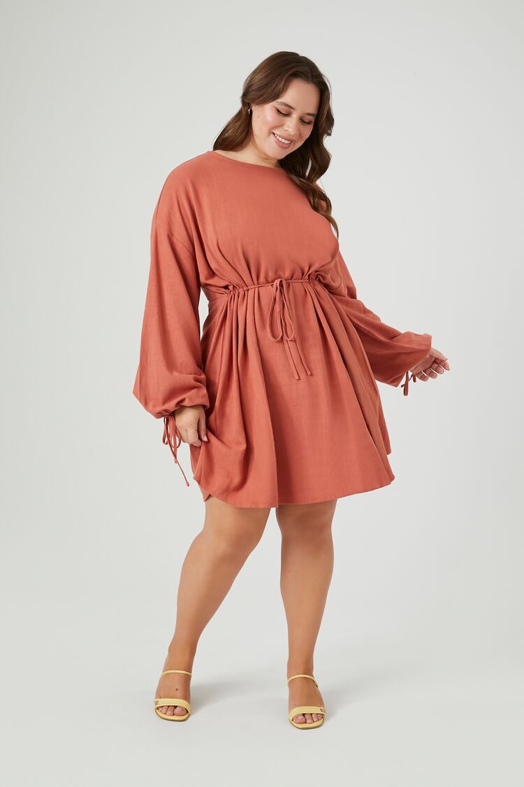 Plus Size Drawstring Peasant-Sleeve Mini Dress-Feelings Star