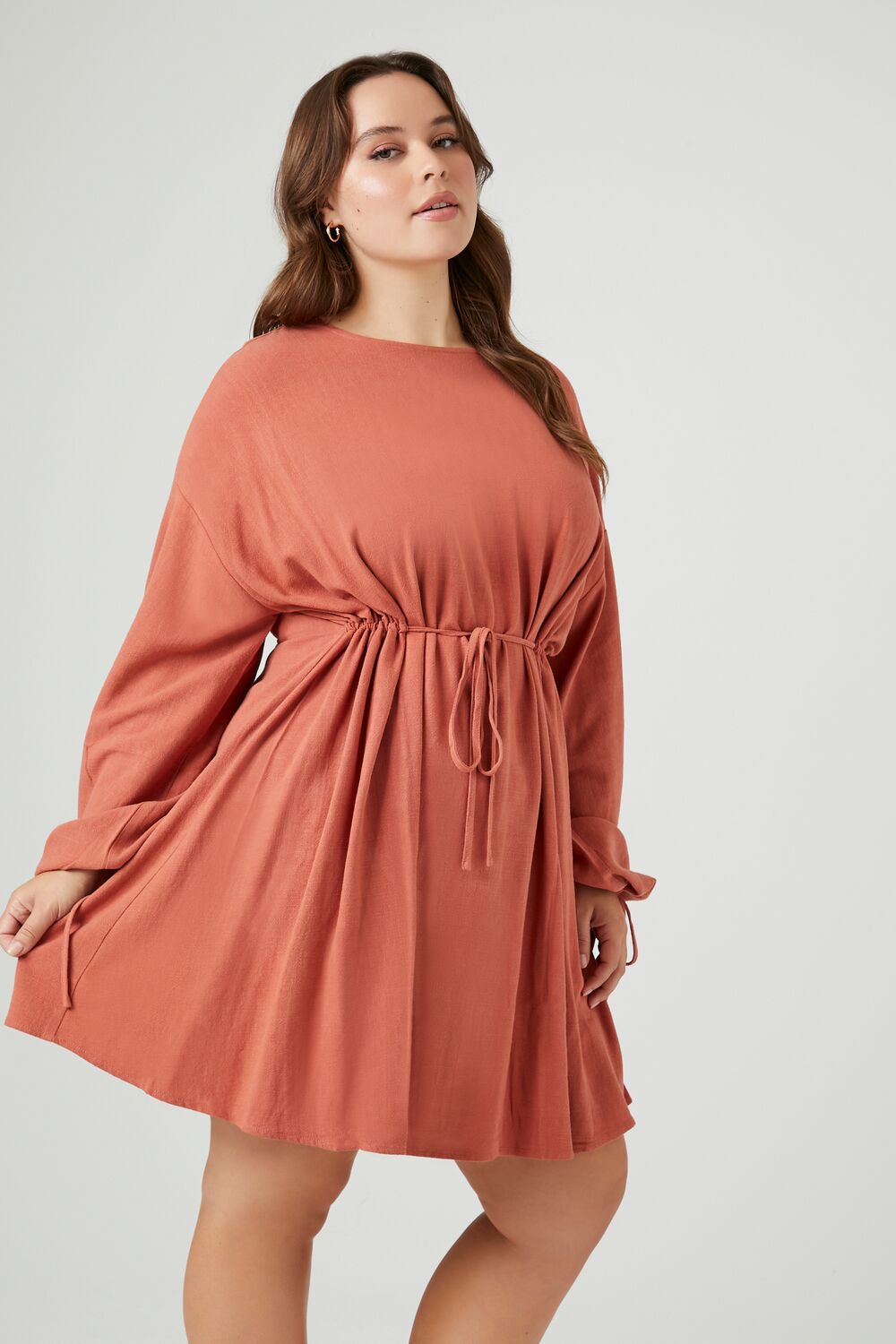 Plus Size Drawstring Peasant-Sleeve Mini Dress-Feelings Star