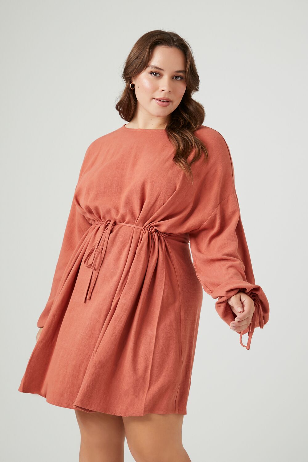 Plus Size Drawstring Peasant-Sleeve Mini Dress-Feelings Star