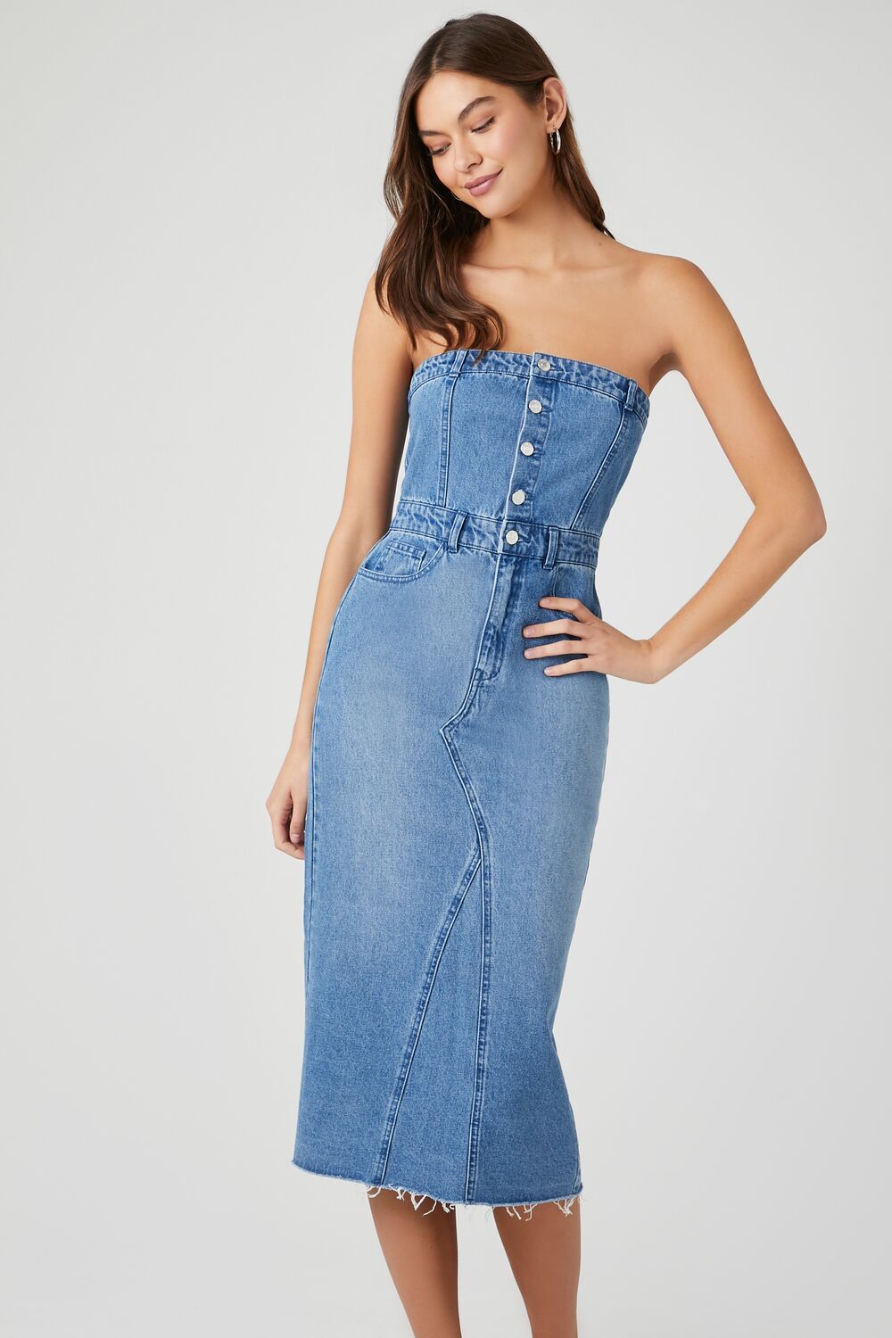 Button-Front Denim Tube Dress-Feelings Star