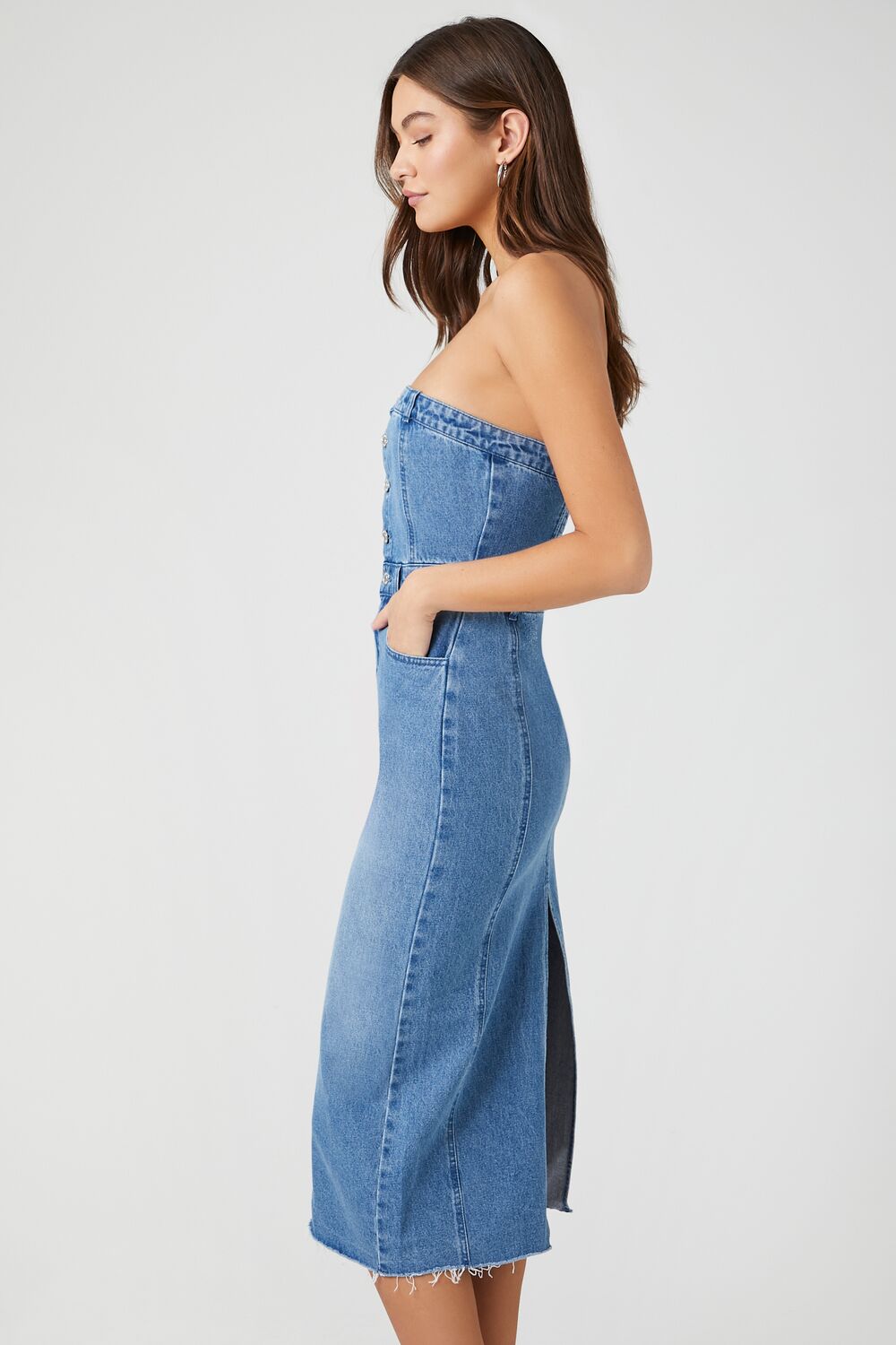 Button-Front Denim Tube Dress-Feelings Star
