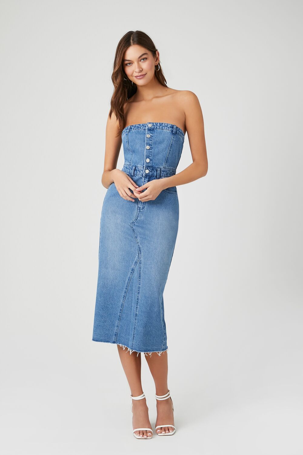 Button-Front Denim Tube Dress-Feelings Star