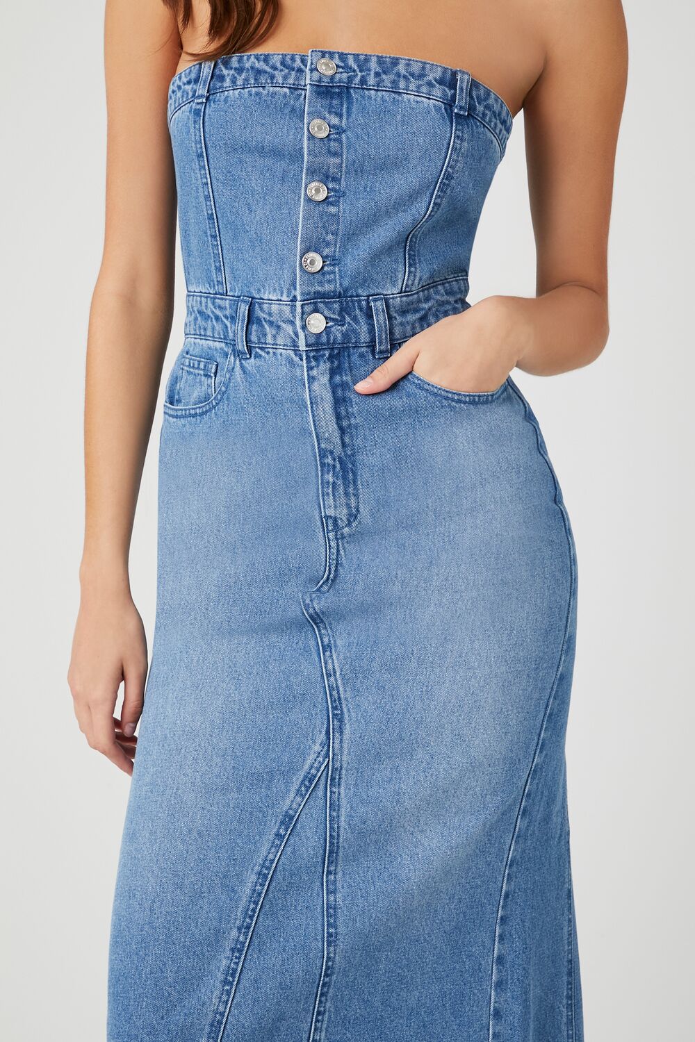Button-Front Denim Tube Dress-Feelings Star