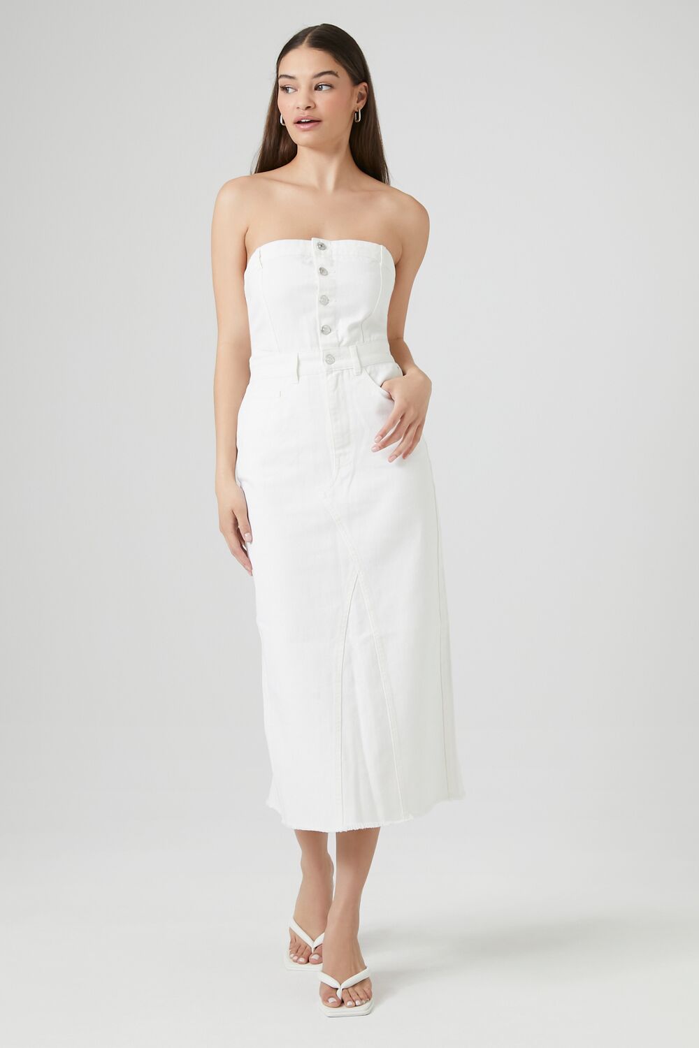 Button-Front Denim Tube Dress-Feelings Star