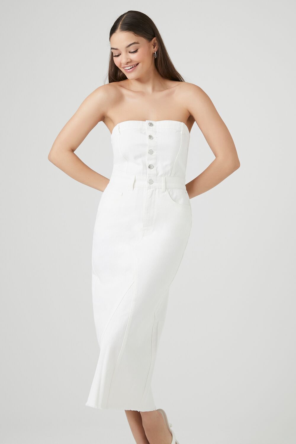 Button-Front Denim Tube Dress-Feelings Star