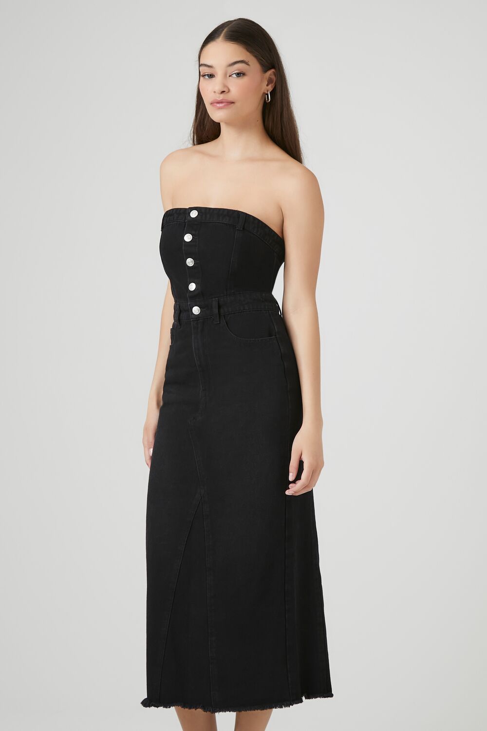 Button-Front Denim Tube Dress-Feelings Star