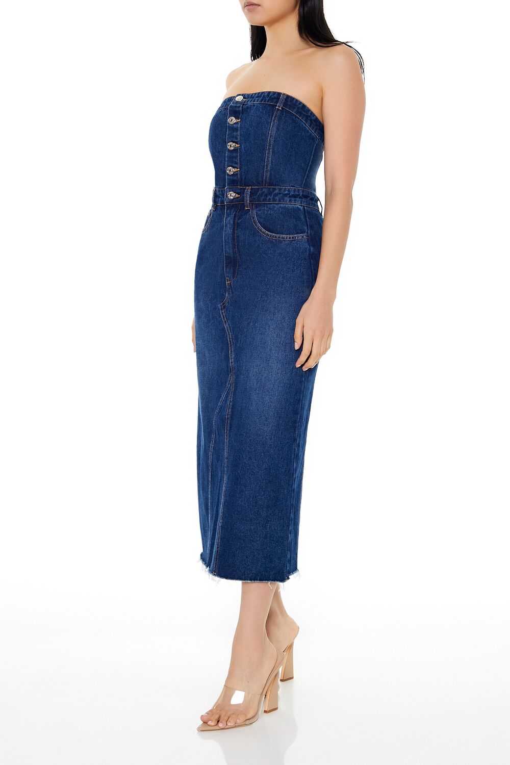 Button-Front Denim Tube Dress-Feelings Star