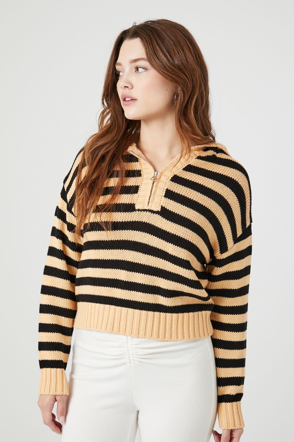 Striped Hooded Half-Zip Sweater-Feelings Star
