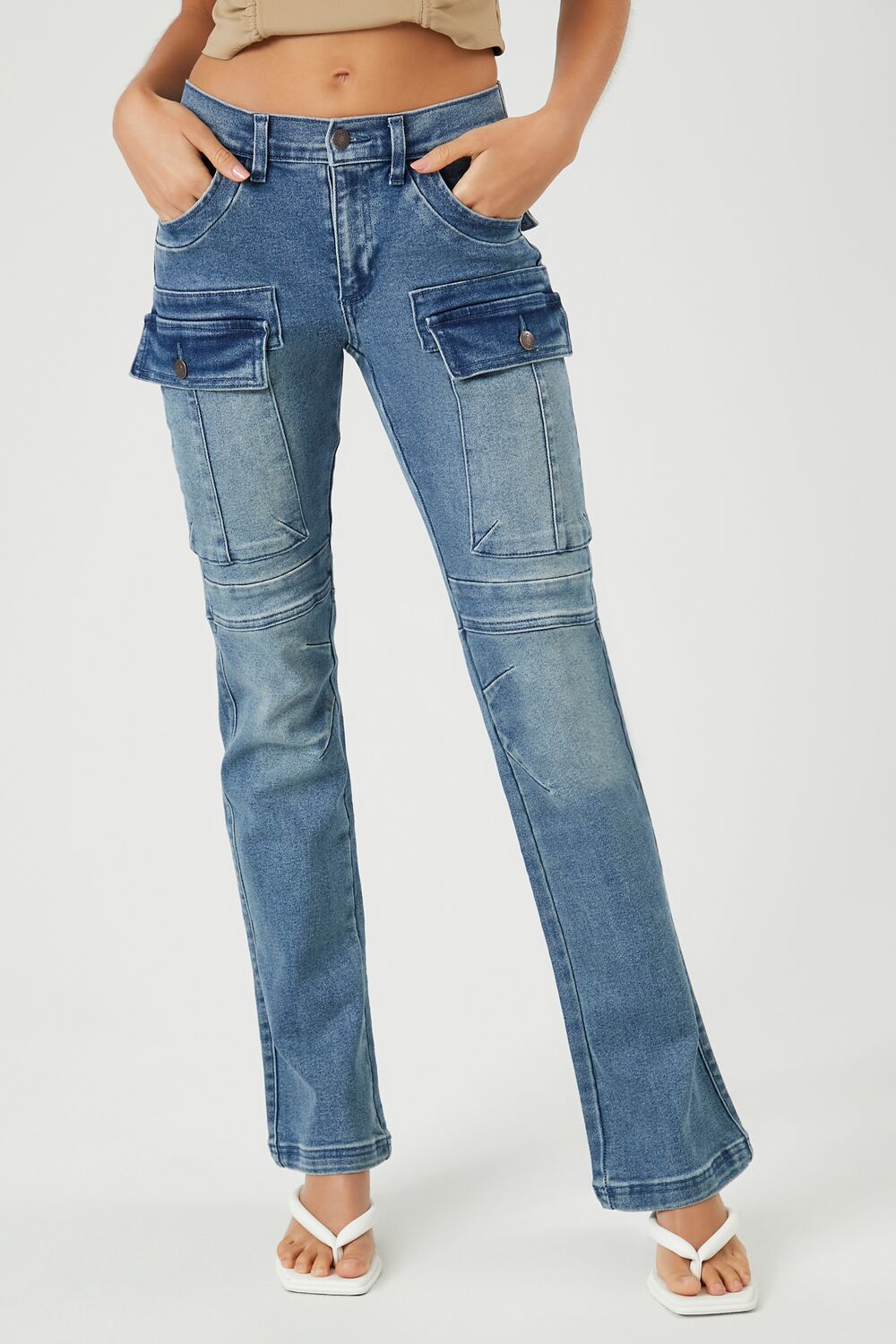 Stretch-Denim Cargo Bootcut Jeans-Feelings Star
