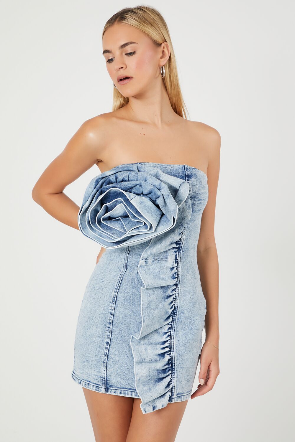 Rosette Denim Mini Tube Dress-Feelings Star