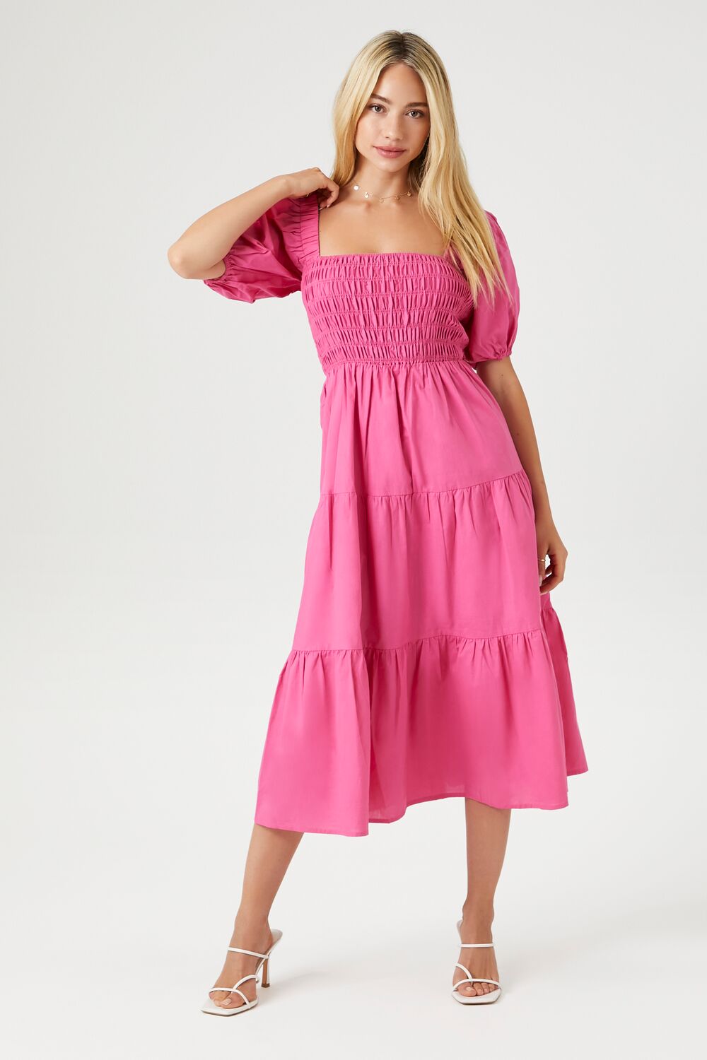 Tiered Puff-Sleeve Midi Dress-Feelings Star