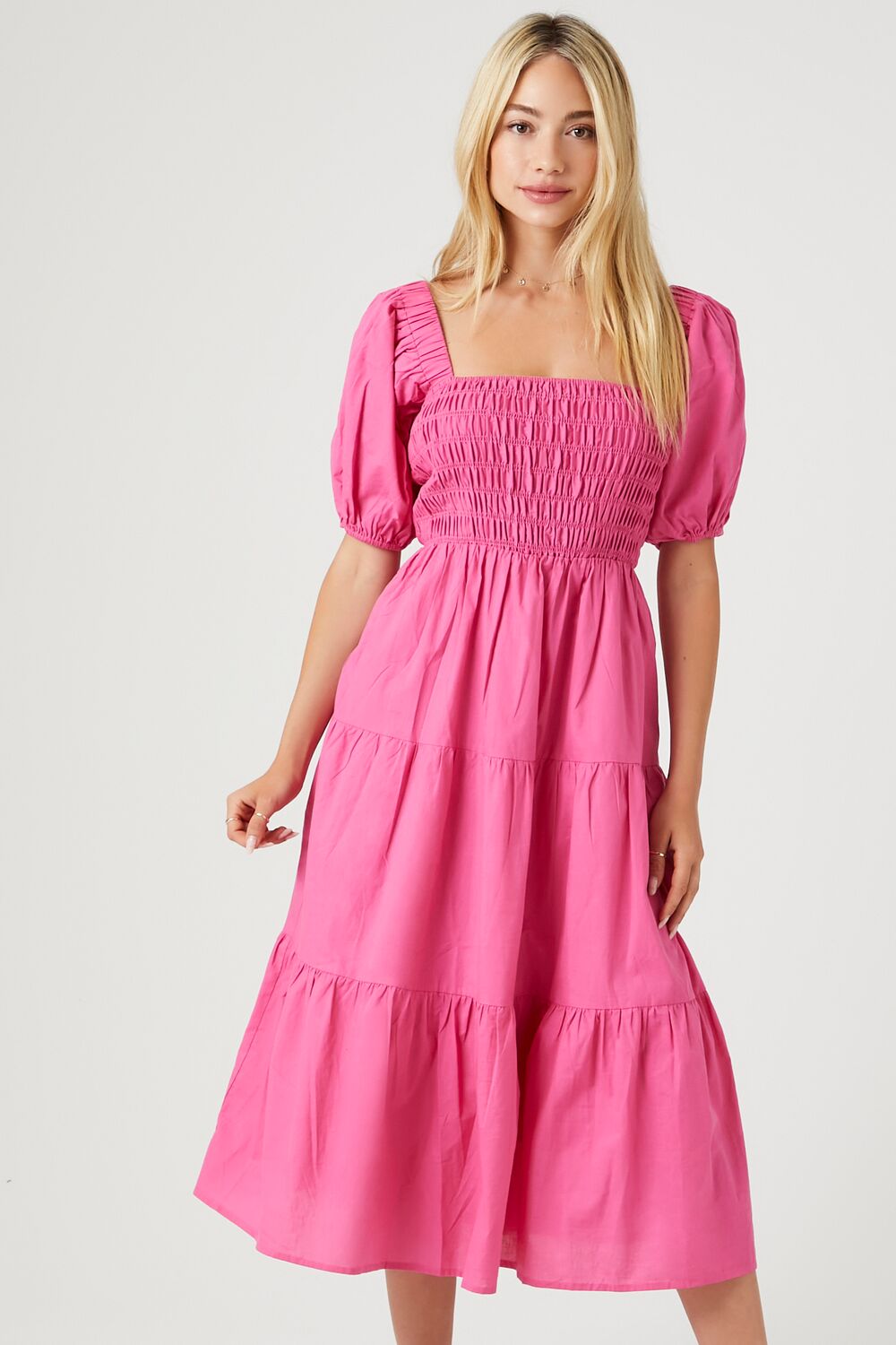 Tiered Puff-Sleeve Midi Dress-Feelings Star