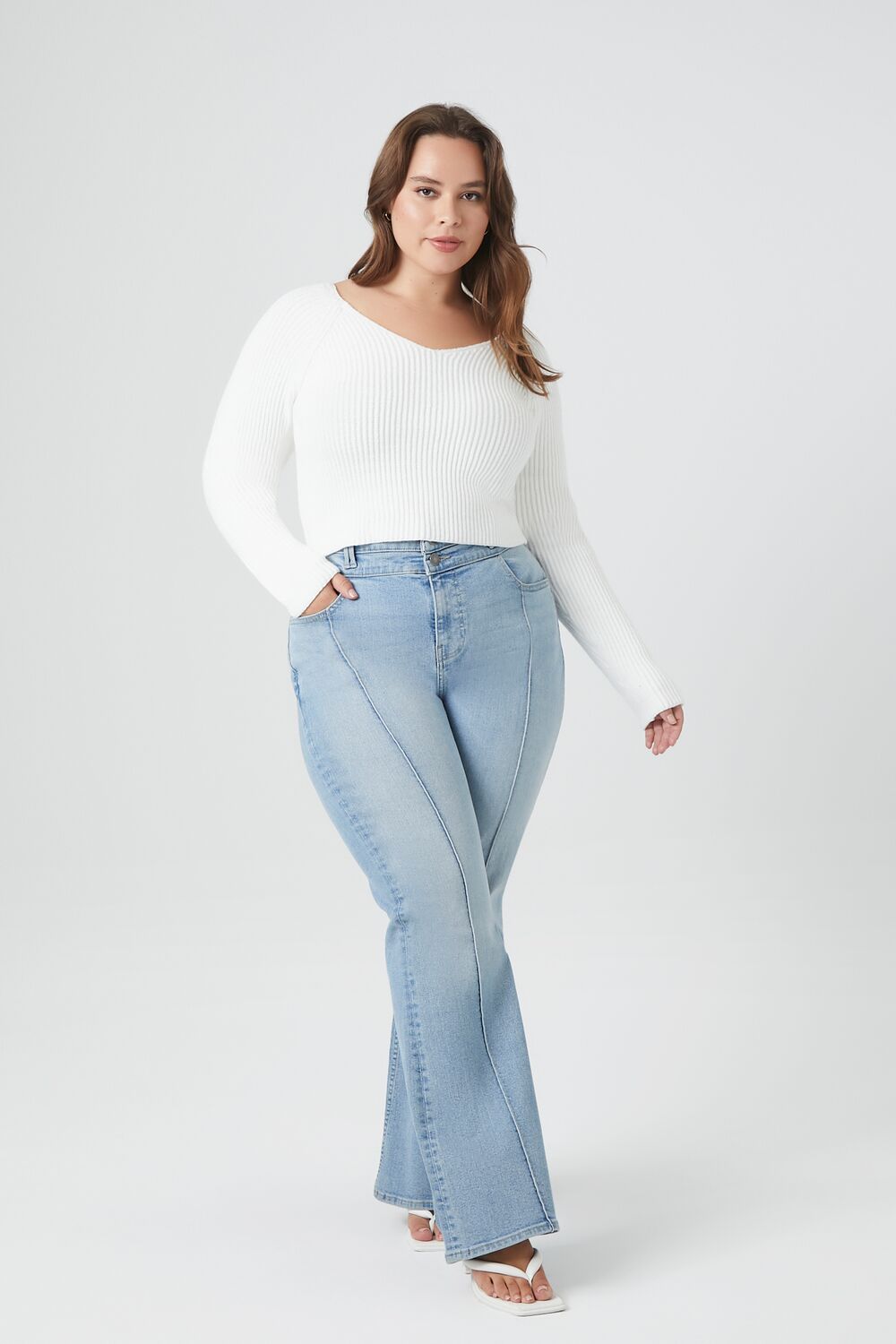 Plus Size Ribbed V-Neck Sweater-Feelings Star