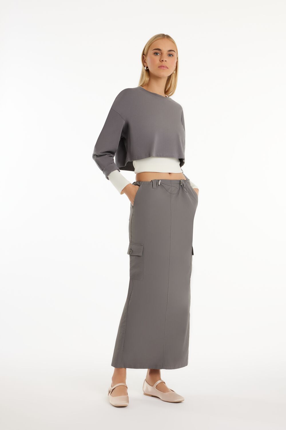 Twill Toggle Drawstring Midi Skirt-Feelings Star