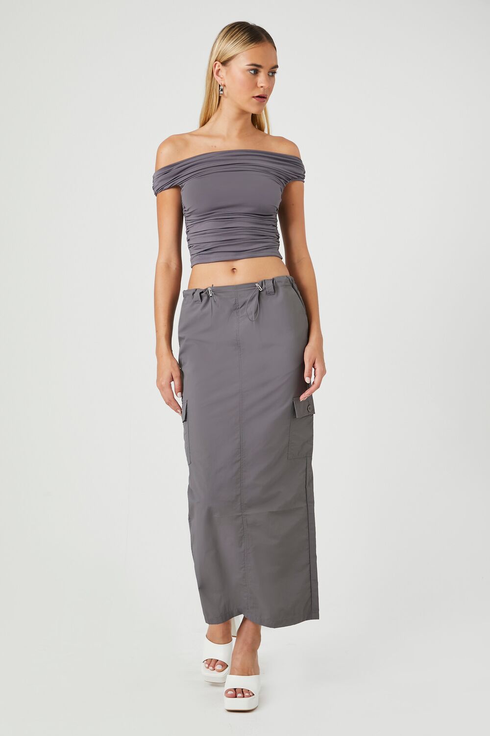 Twill Toggle Drawstring Midi Skirt-Feelings Star