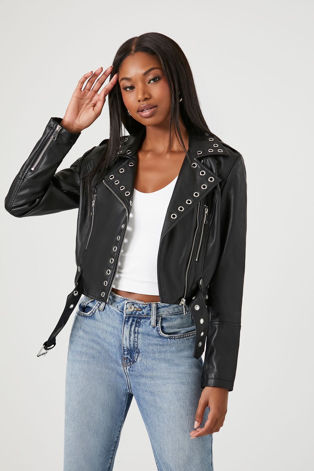 Studded Faux Leather Moto Jacket-Feelings Star