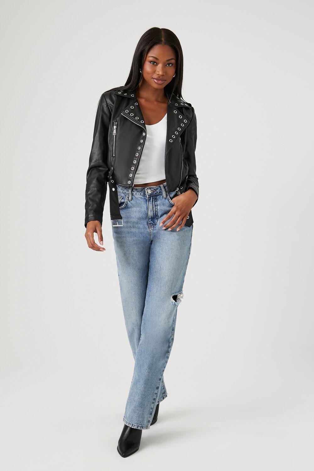 Studded Faux Leather Moto Jacket-Feelings Star