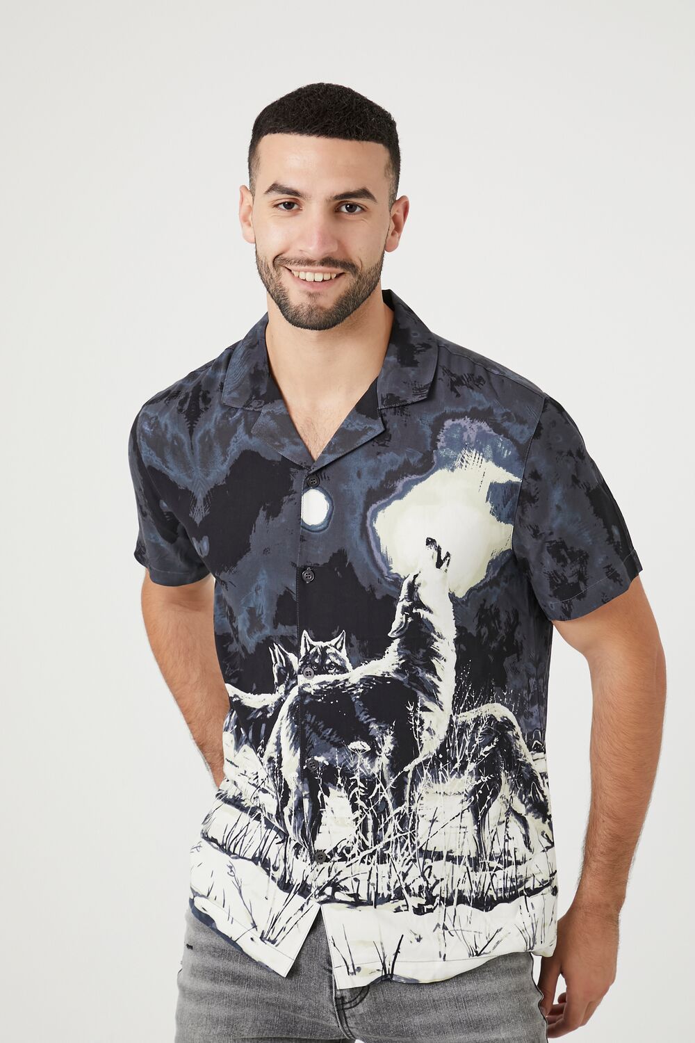 Twill Howling Wolf Graphic Shirt-Feelings Star