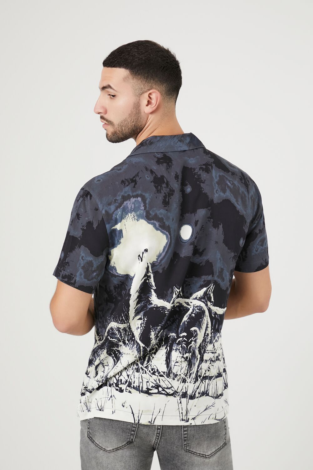 Twill Howling Wolf Graphic Shirt-Feelings Star