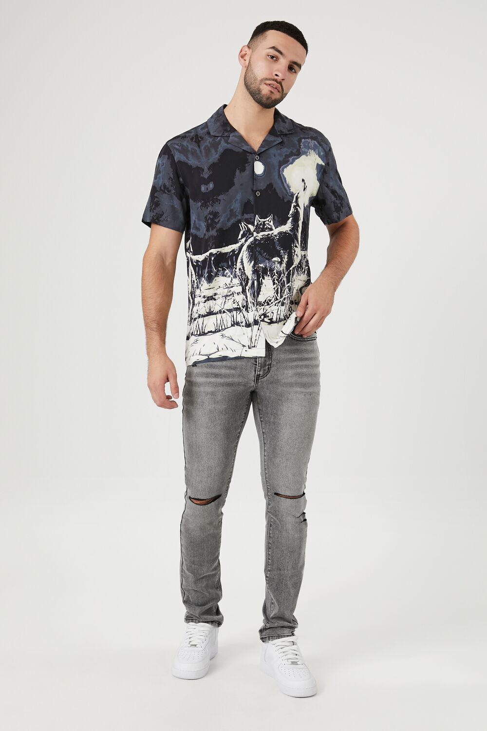 Twill Howling Wolf Graphic Shirt-Feelings Star