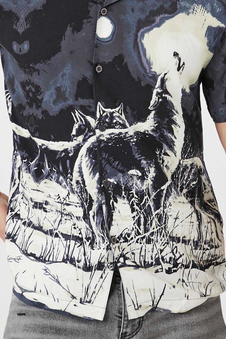 Twill Howling Wolf Graphic Shirt-Feelings Star
