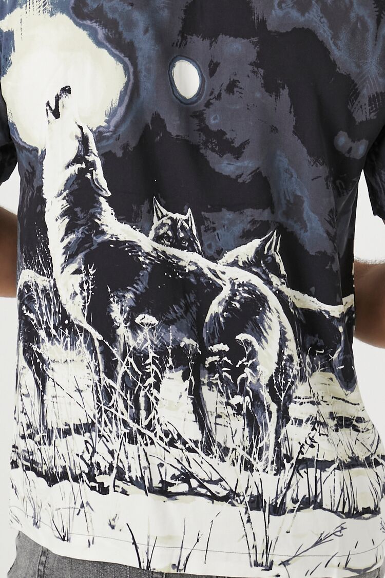 Twill Howling Wolf Graphic Shirt-Feelings Star