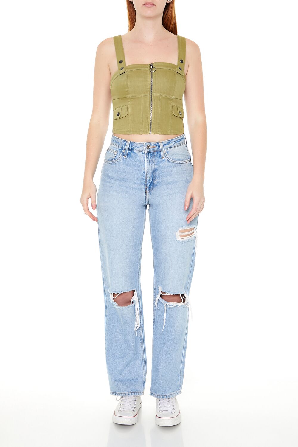 Denim Zip-Up Crop Top-Feelings Star