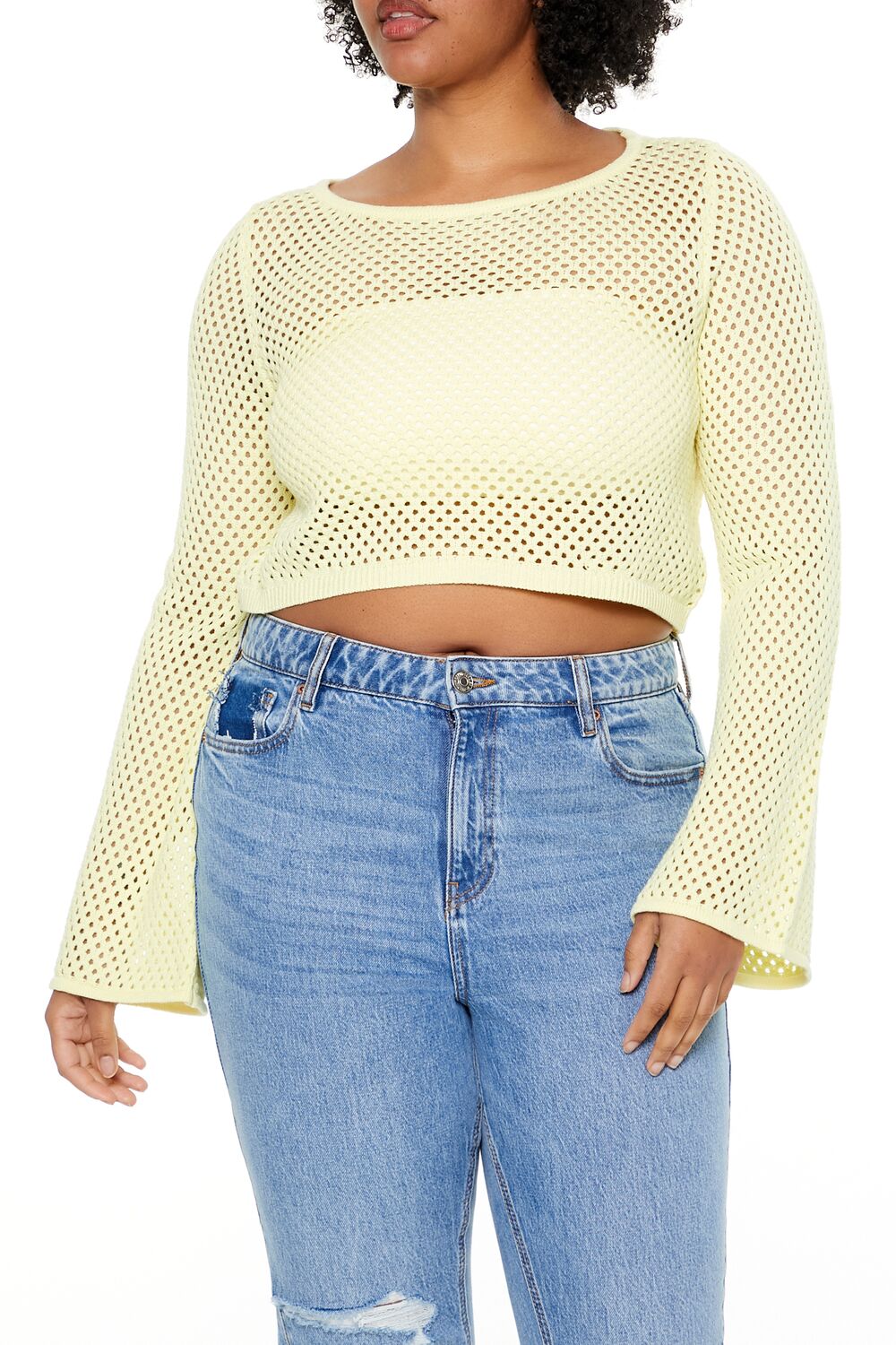 Plus Size Netted Cropped Sweater-Feelings Star