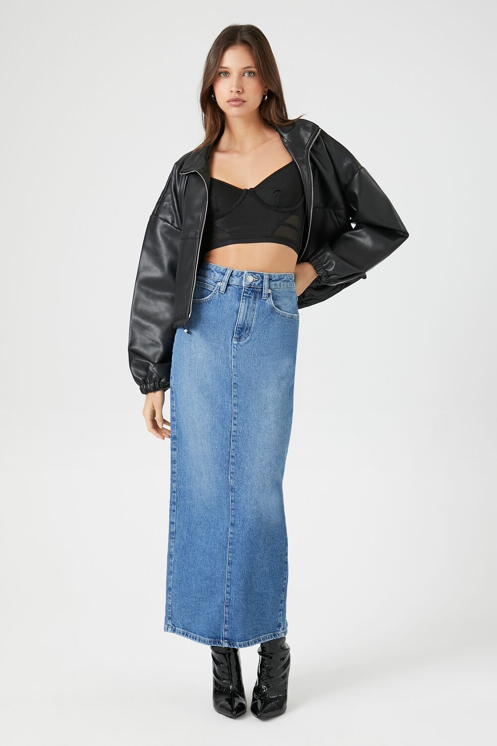 Stone Wash Slit Denim Maxi Skirt-Feelings Star