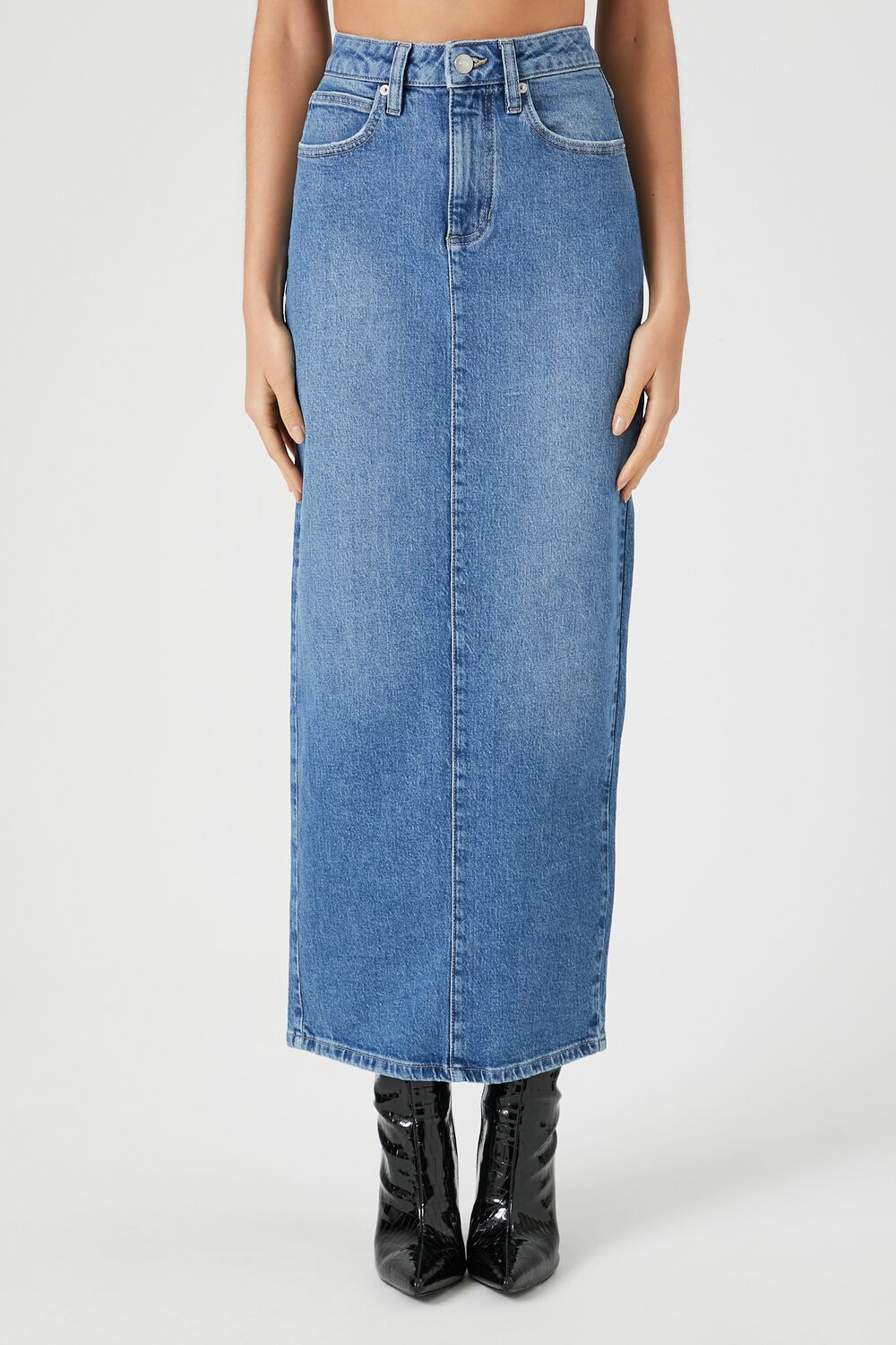 Stone Wash Slit Denim Maxi Skirt-Feelings Star