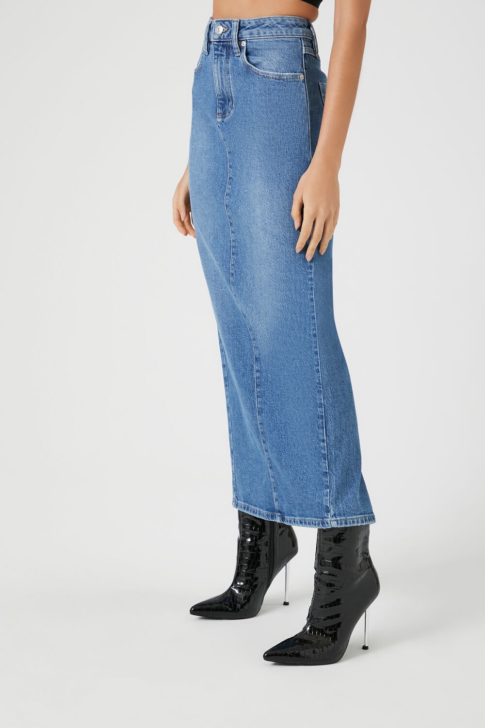 Stone Wash Slit Denim Maxi Skirt-Feelings Star