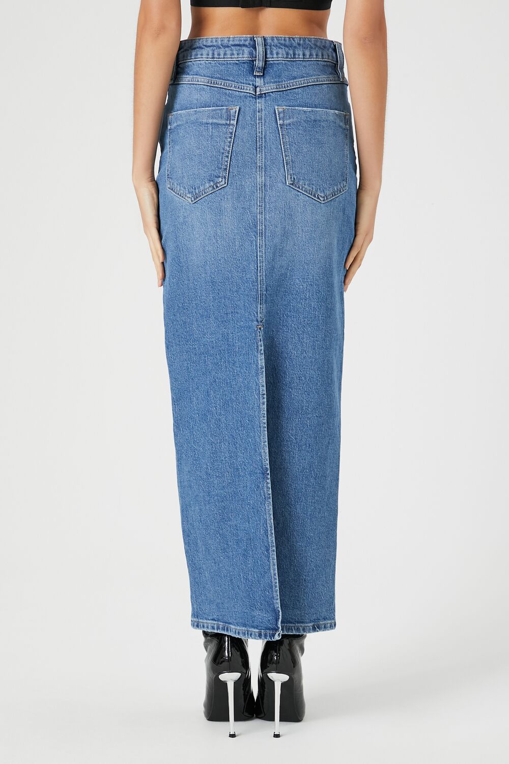 Stone Wash Slit Denim Maxi Skirt-Feelings Star