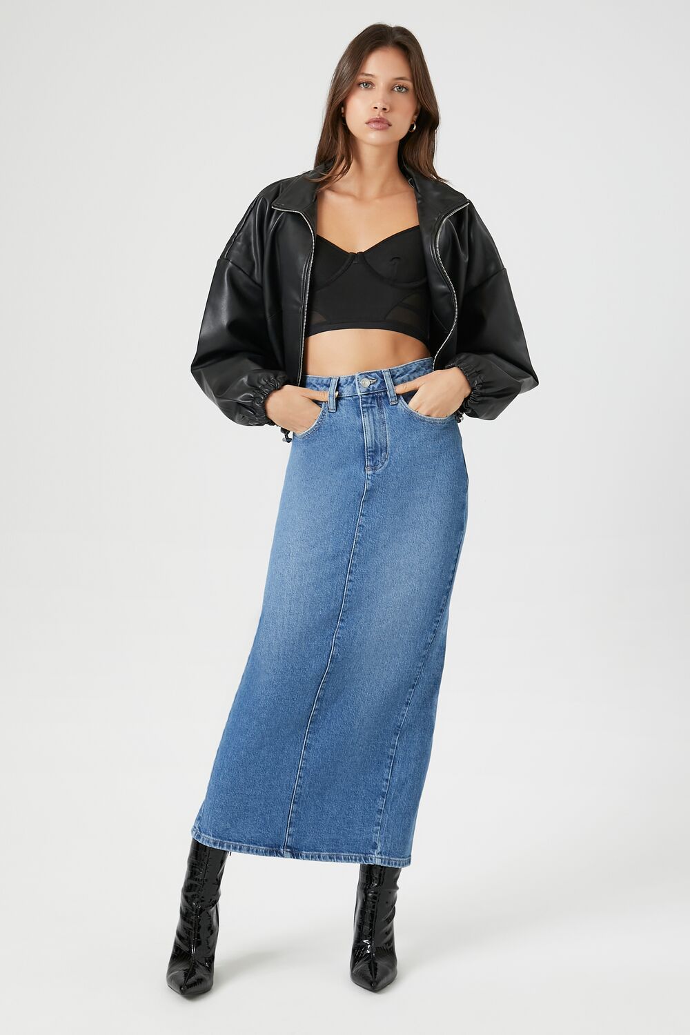 Stone Wash Slit Denim Maxi Skirt-Feelings Star