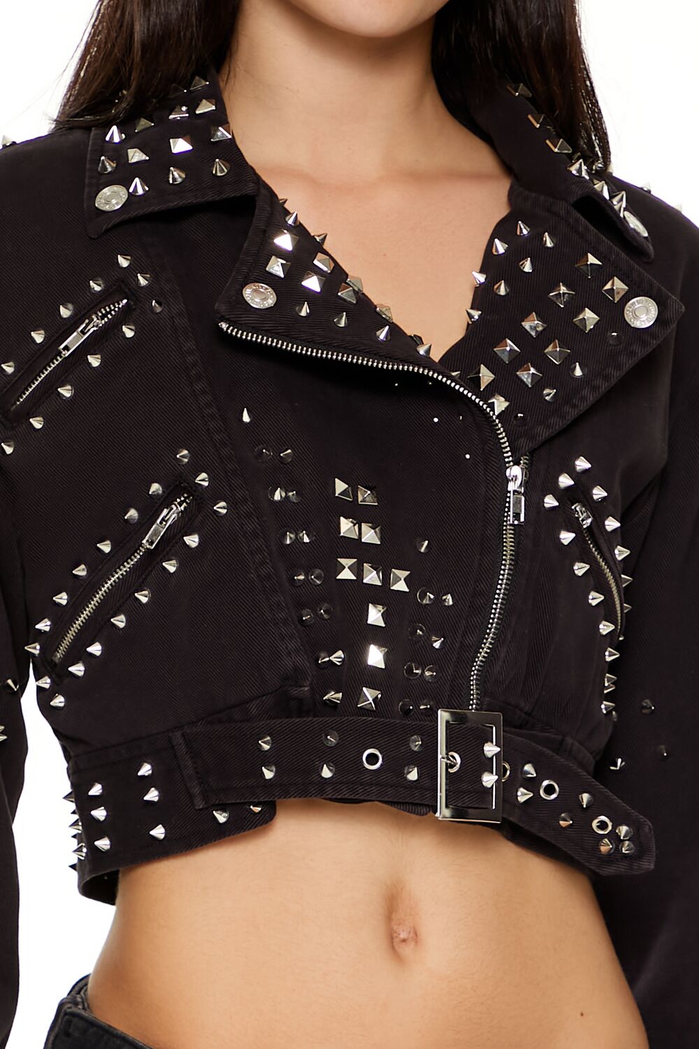 Studded Denim Moto Jacket-Feelings Star