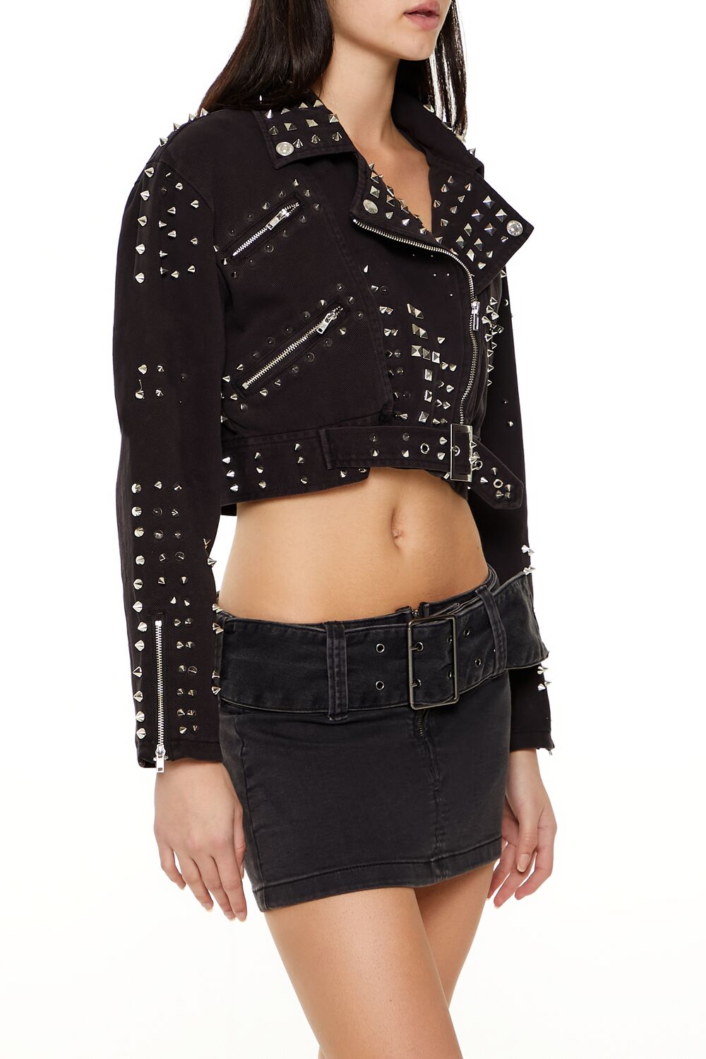 Studded Denim Moto Jacket-Feelings Star