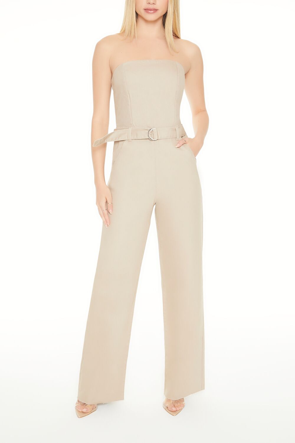 Strapless Belted Denim Jumpsuit-Feelings Star