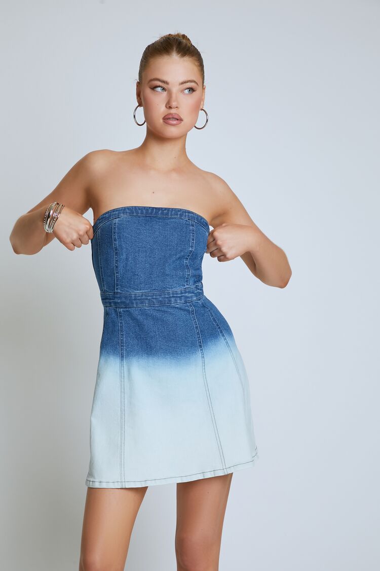 Strapless Dip-Dye Denim Mini Dress-Feelings Star