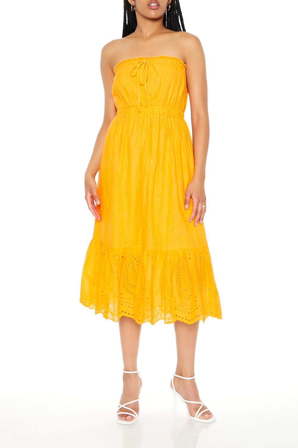 Strapless Eyelet Bow Midi Dress-Feelings Star