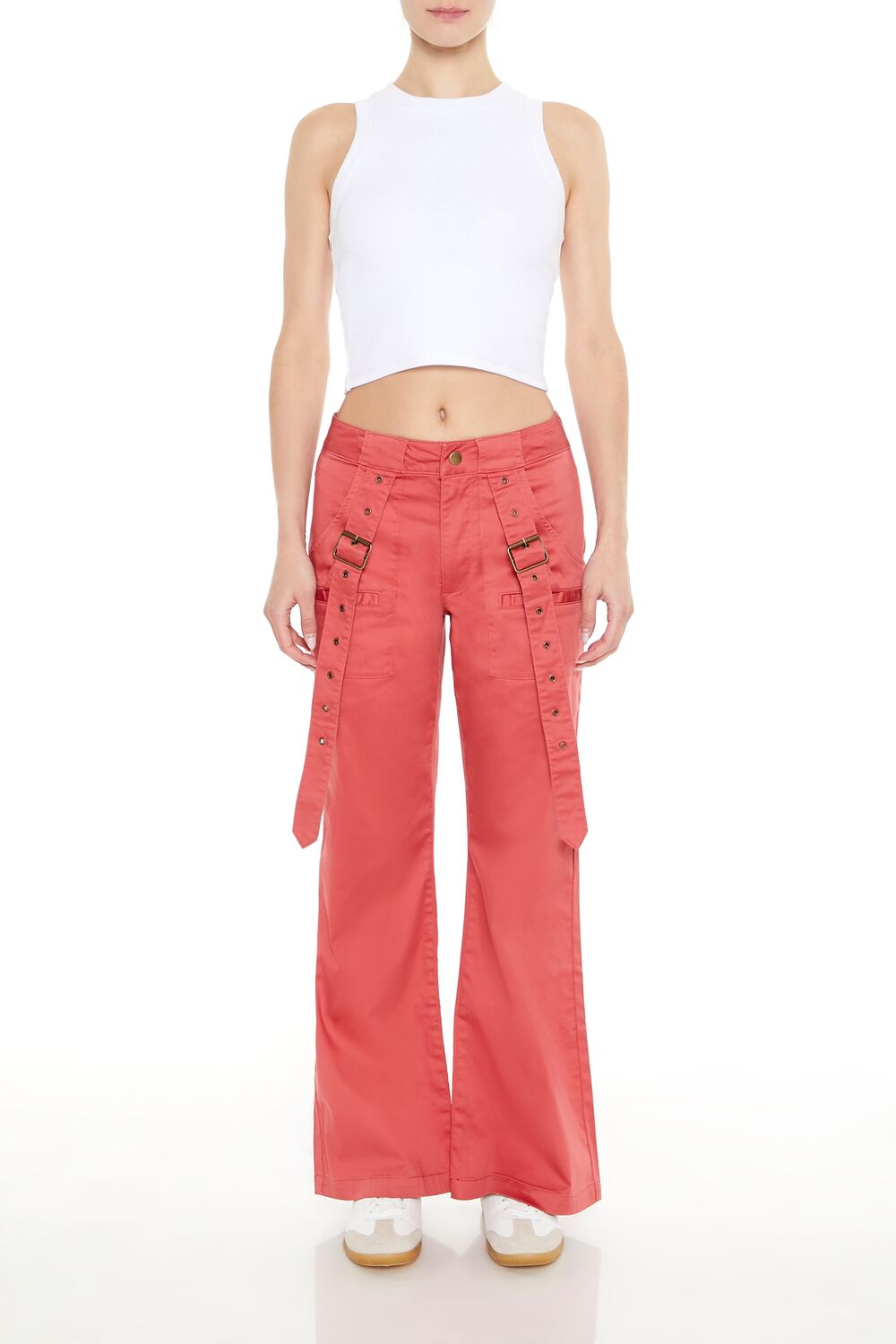 Buckled Twill Wide-Leg Pants-Feelings Star