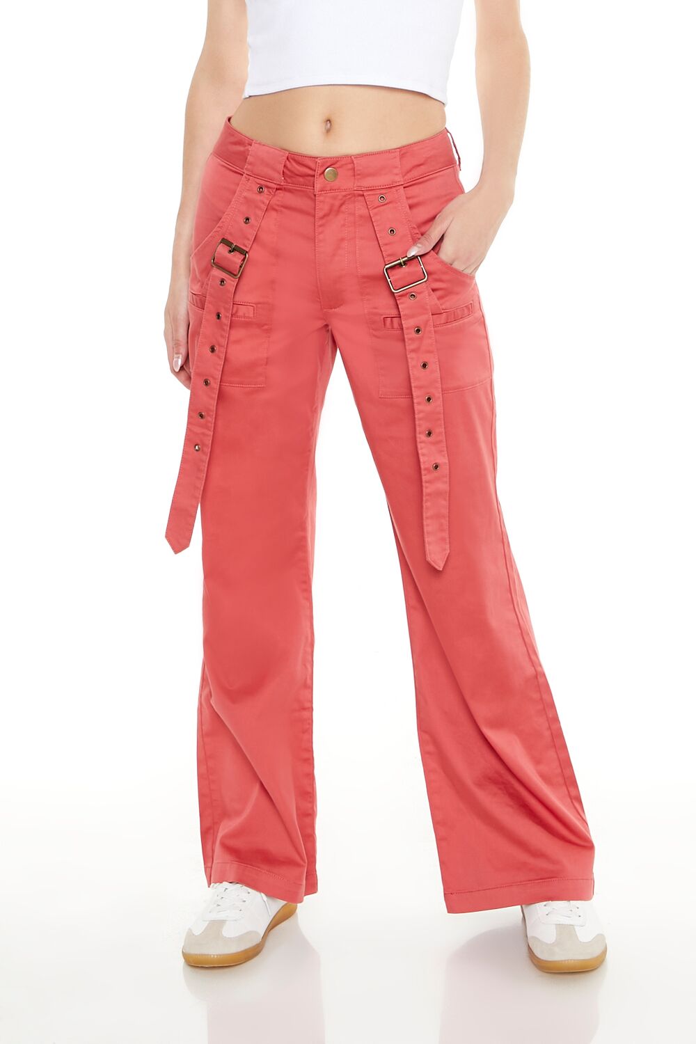 Buckled Twill Wide-Leg Pants-Feelings Star