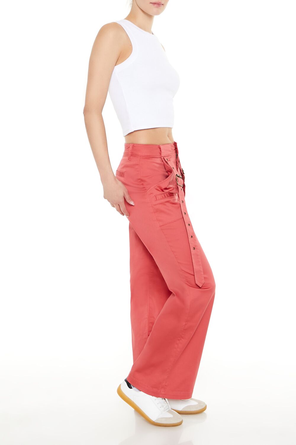 Buckled Twill Wide-Leg Pants-Feelings Star