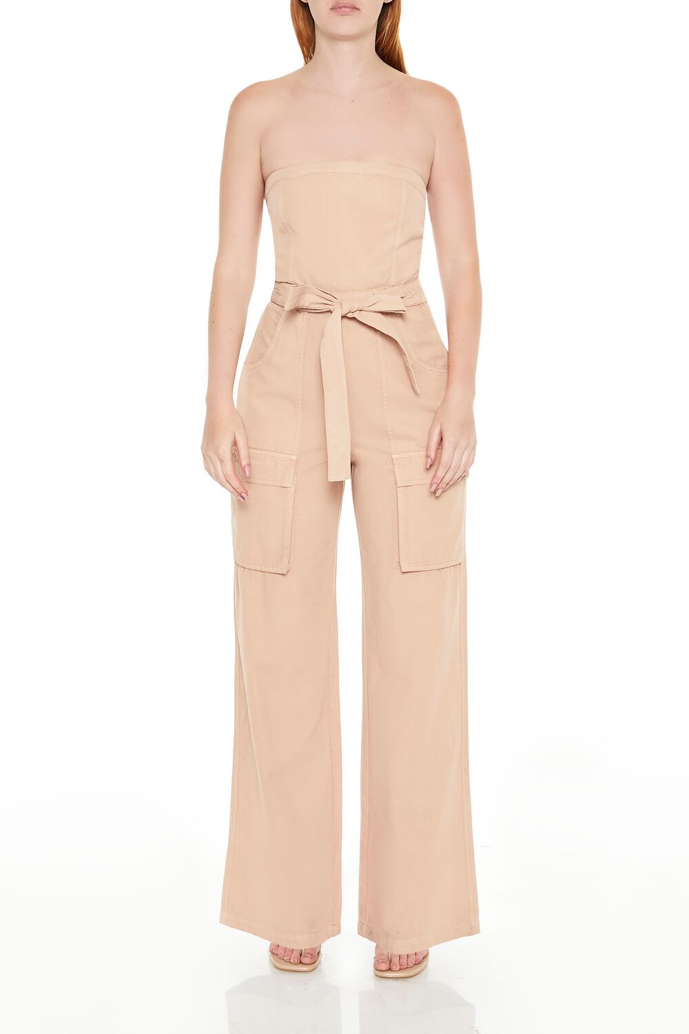 Strapless Tie-Front Cargo Jumpsuit-Feelings Star