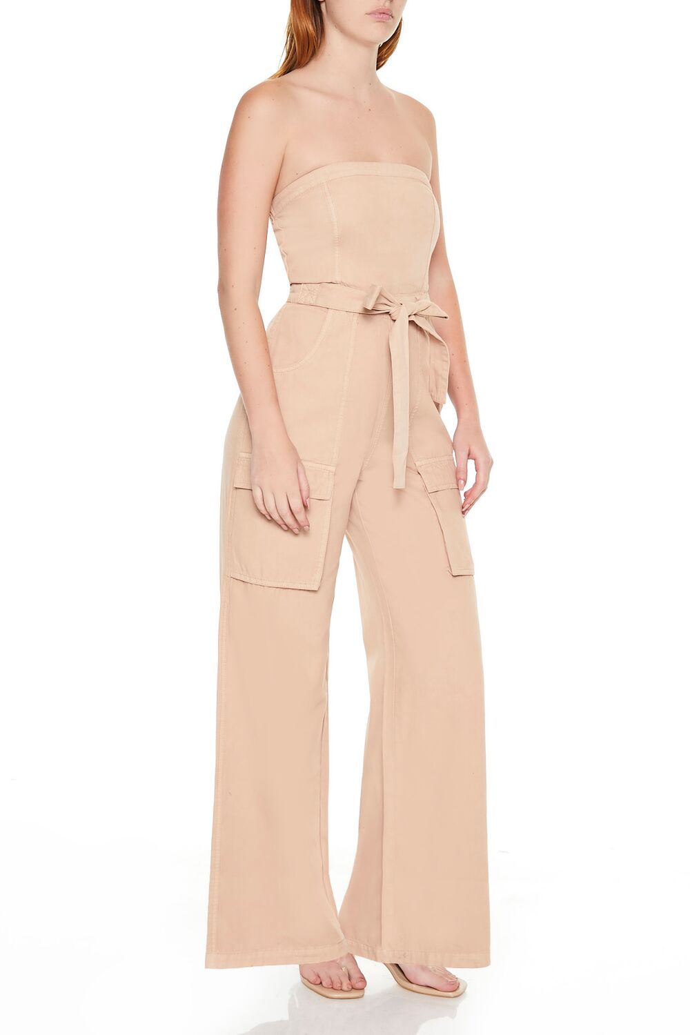 Strapless Tie-Front Cargo Jumpsuit-Feelings Star