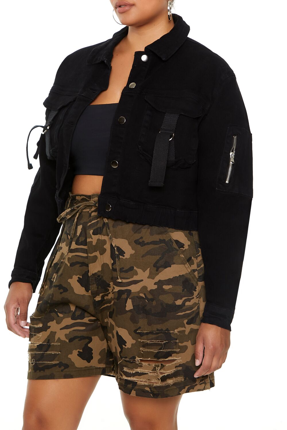 Plus Size Cargo Trucker Jacket-Feelings Star